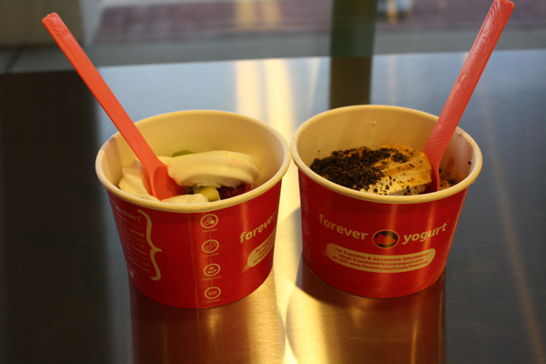 Left: Euro Tart yogurt topped with mangos, kiwis, strawberries, blueberries, and raspberries.Right: French Vanilla and Angel Food Cake yogurt topped with graham crackers, Oreos, and chocolate sprinkles.