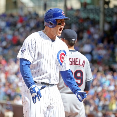 Chicago Cubs first baseman Anthony Rizzo (44) celebrates his RBI triple during the seventh inning on Monday, Aug. 24, 2015, at Wrigley Field in Chicago. (Brian Cassella/Chicago Tribune/TNS)