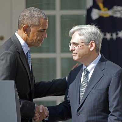 President Barack Obama, left, shakes hands with Judge Merrick Garland, chief justice for the U.S. Court of Appeals for the District of Columbia Circuit, right, after announcing him as his nominee for the Supreme Court in the Rose Garden of the White House on Wednesday, March 16, 2016. (Ron Sachs/CNP/Sipa USA/TNS)